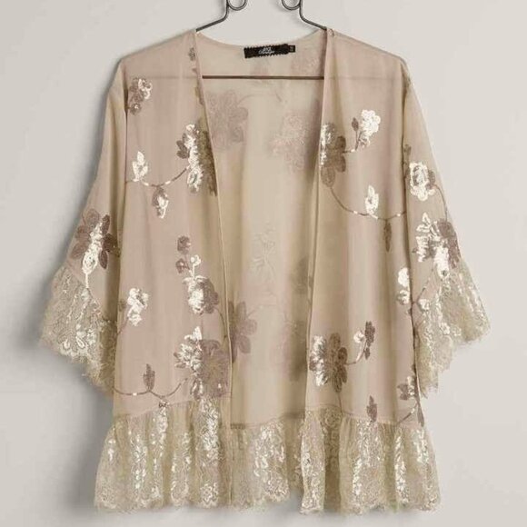 BKE Boutique sz large Chiffon and lace open front cardigan - Picture 1 of 4